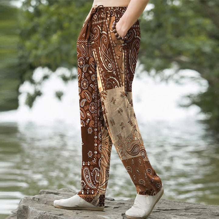Buddha Stones Pantalones de algodón para hombre con estampado paisley variado, corte ajustado y bolsillos. - image 7