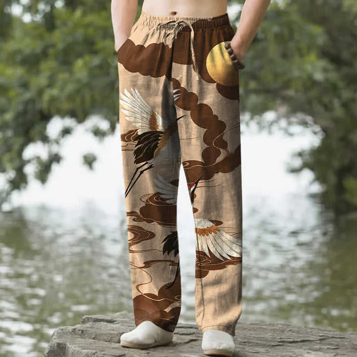 Buddha Stones Pantalones de hombre de algodón blanco con estampado de grulla persiguiendo el sol, corte cónico y bolsillos. - BurlyWood - US/UK/AU50, EU60 (5XL) - image 6