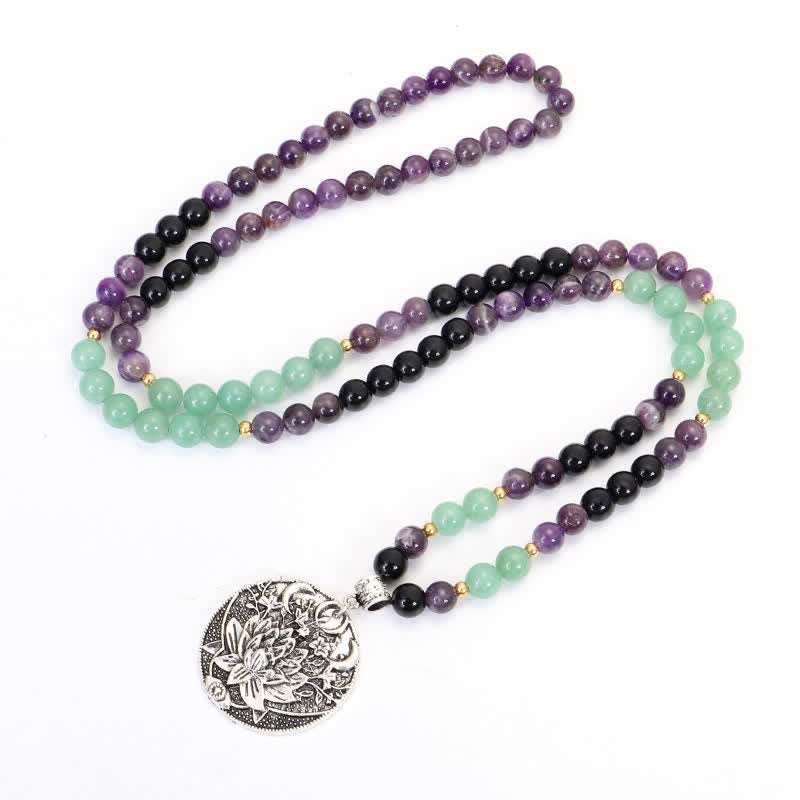 Pulsera de meditación con Buddha Stones , 108 cuentas Mala, amatista, aventurina verde, loto - image 4