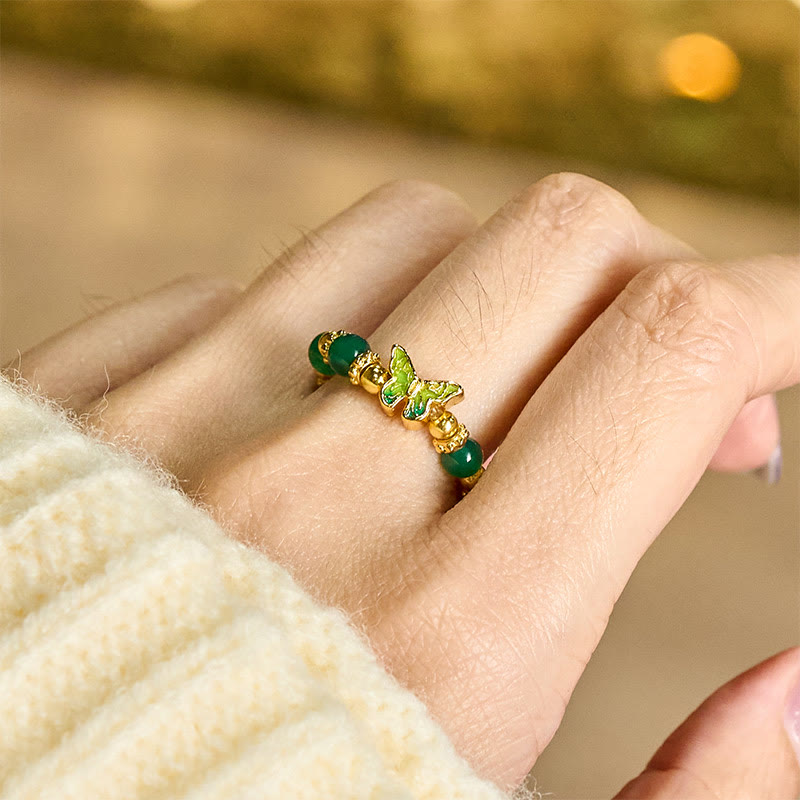 Buddha Stones Anillo renovador de mariposa de cobre con cuentas de ágata verde natural - image 5
