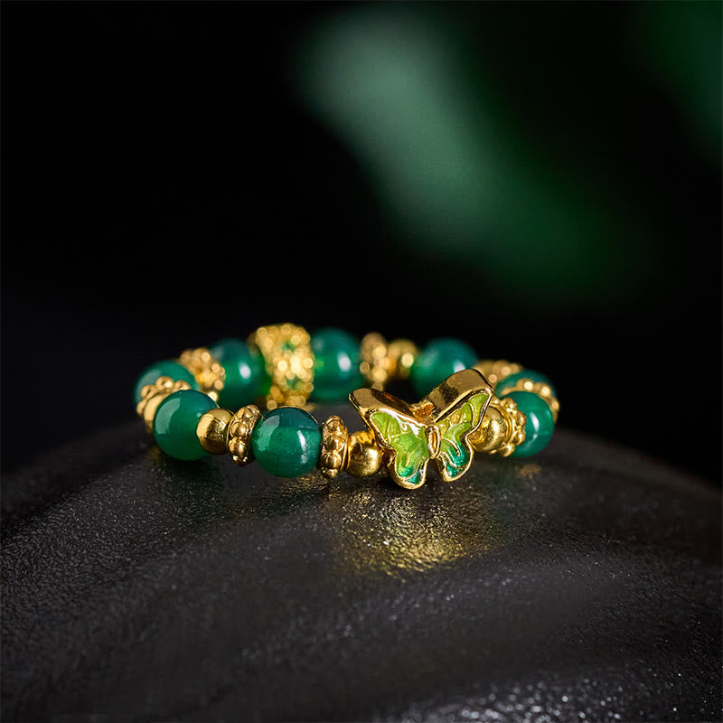 Buddha Stones Anillo renovador de mariposa de cobre con cuentas de ágata verde natural - image 3