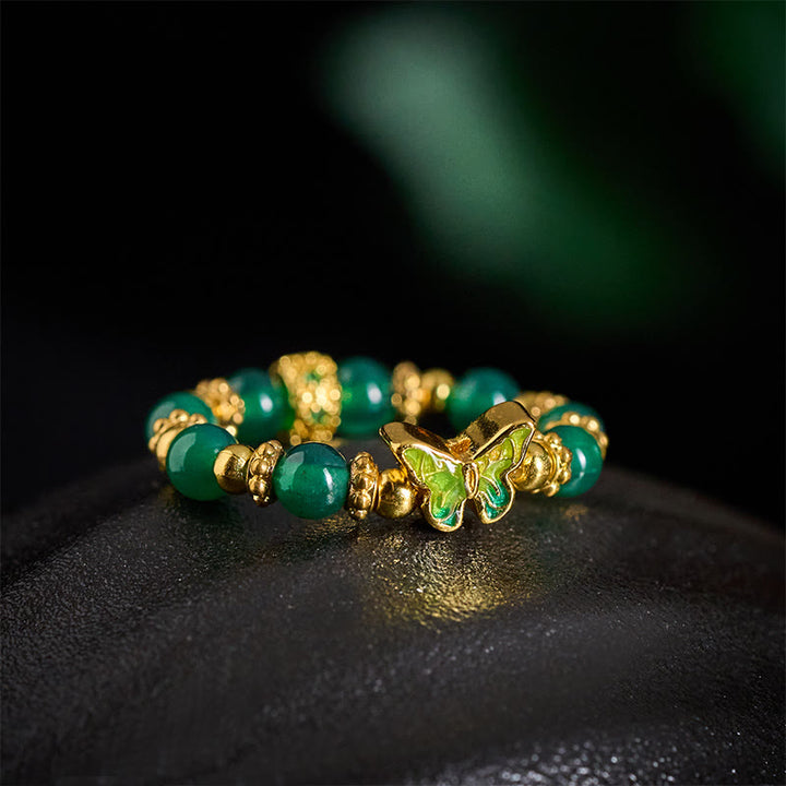 Buddha Stones Anillo renovador de mariposa de cobre con cuentas de ágata verde natural - image 3