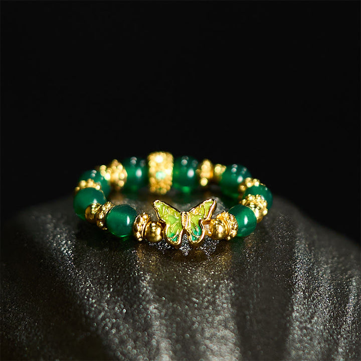 Buddha Stones Anillo renovador de mariposa de cobre con cuentas de ágata verde natural - image 2