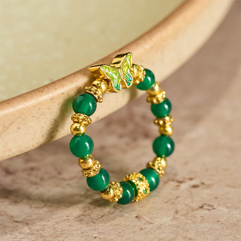 Buddha Stones Anillo renovador de mariposa de cobre con cuentas de ágata verde natural - Ágata verde - image 0