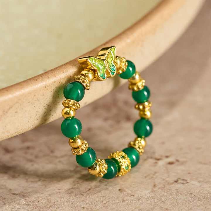 Buddha Stones Anillo renovador de mariposa de cobre con cuentas de ágata verde natural - Ágata verde - image 0