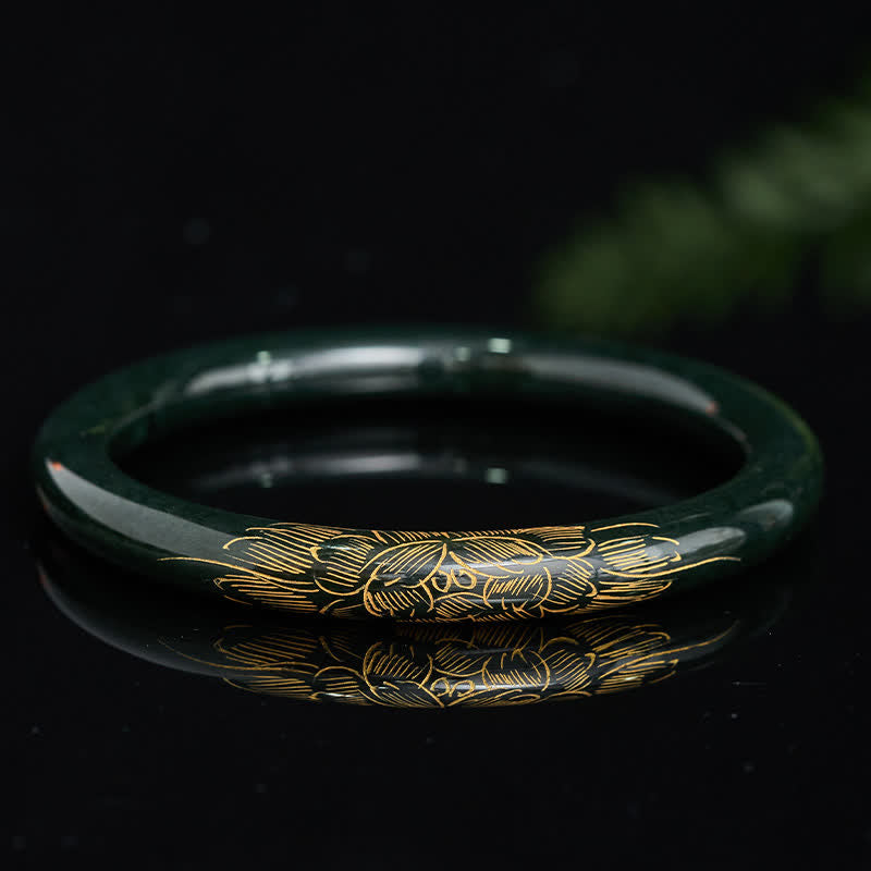 Buddha Stones Pulsera rígida de jade cian natural con loto y pez koi, símbolo de iluminación. - image 1