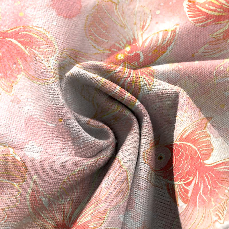 Buddha Stones Pantalones de mujer de algodón y lino con estampado floral de peces koi, cintura elástica y pernera ancha con bolsillos. - image 3