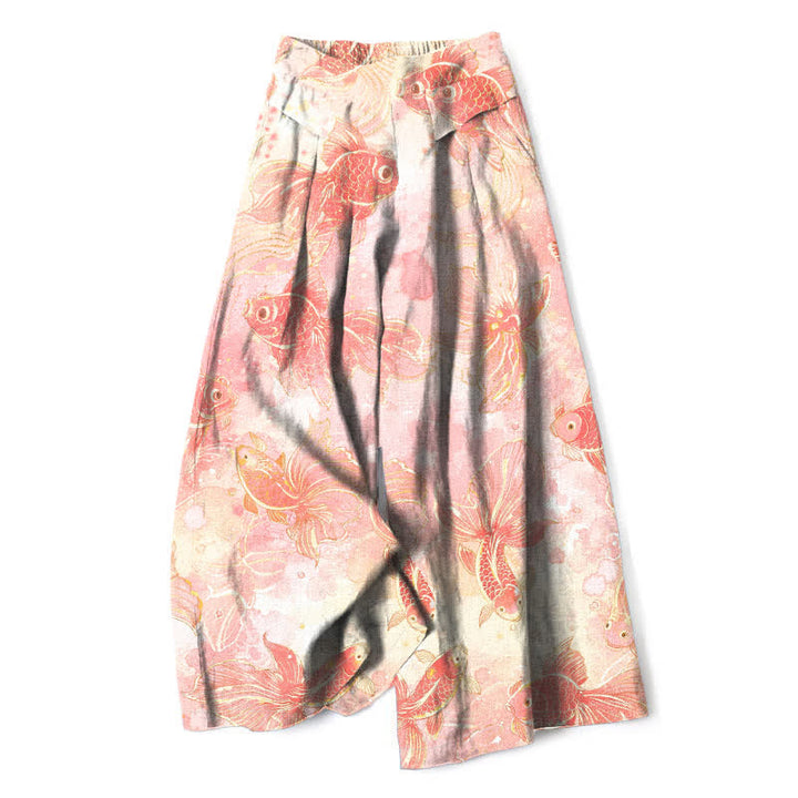 Buddha Stones Pantalones de mujer de algodón y lino con estampado floral de peces koi, cintura elástica y pernera ancha con bolsillos. - rosa claro - US16，UK/AU20，EU48 (3XL) - image 0