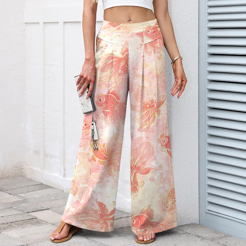 Buddha Stones Pantalones de mujer de algodón y lino con estampado floral de peces koi, cintura elástica y pernera ancha con bolsillos. - image 1