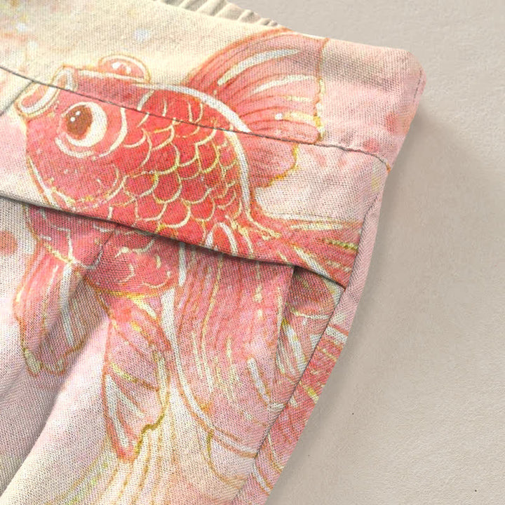 Buddha Stones Pantalones de mujer de algodón y lino con estampado floral de peces koi, cintura elástica y pernera ancha con bolsillos. - image 2