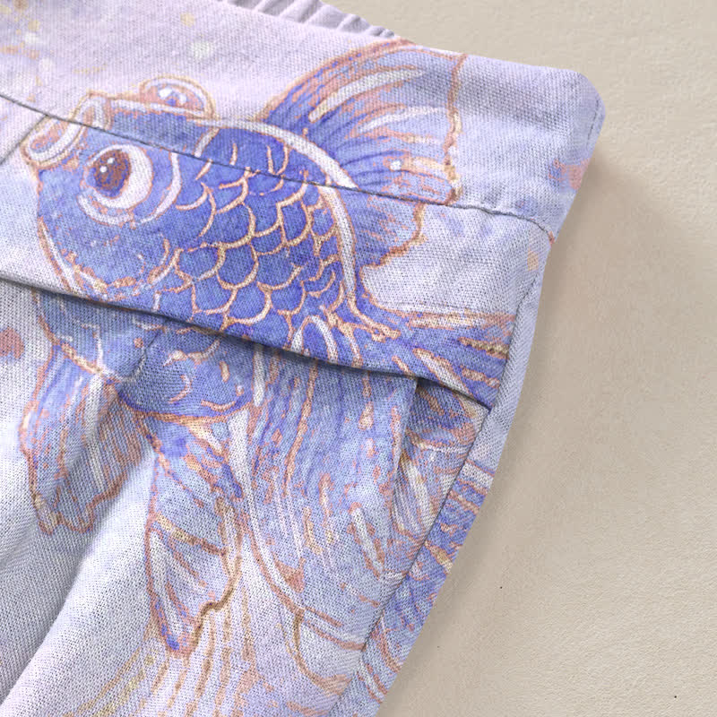 Buddha Stones Pantalones de mujer de algodón y lino con estampado floral de peces koi, cintura elástica y pernera ancha con bolsillos. - image 6