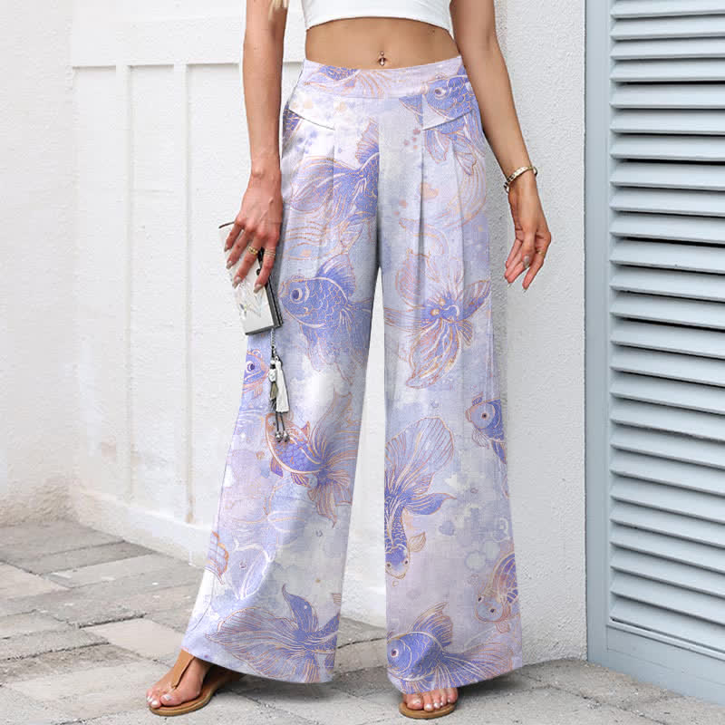 Buddha Stones Pantalones de mujer de algodón y lino con estampado floral de peces koi, cintura elástica y pernera ancha con bolsillos. - image 5