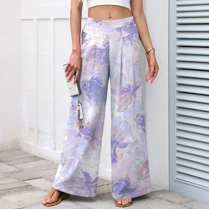 Buddha Stones Pantalones de mujer de algodón y lino con estampado floral de peces koi, cintura elástica y pernera ancha con bolsillos. - image 5