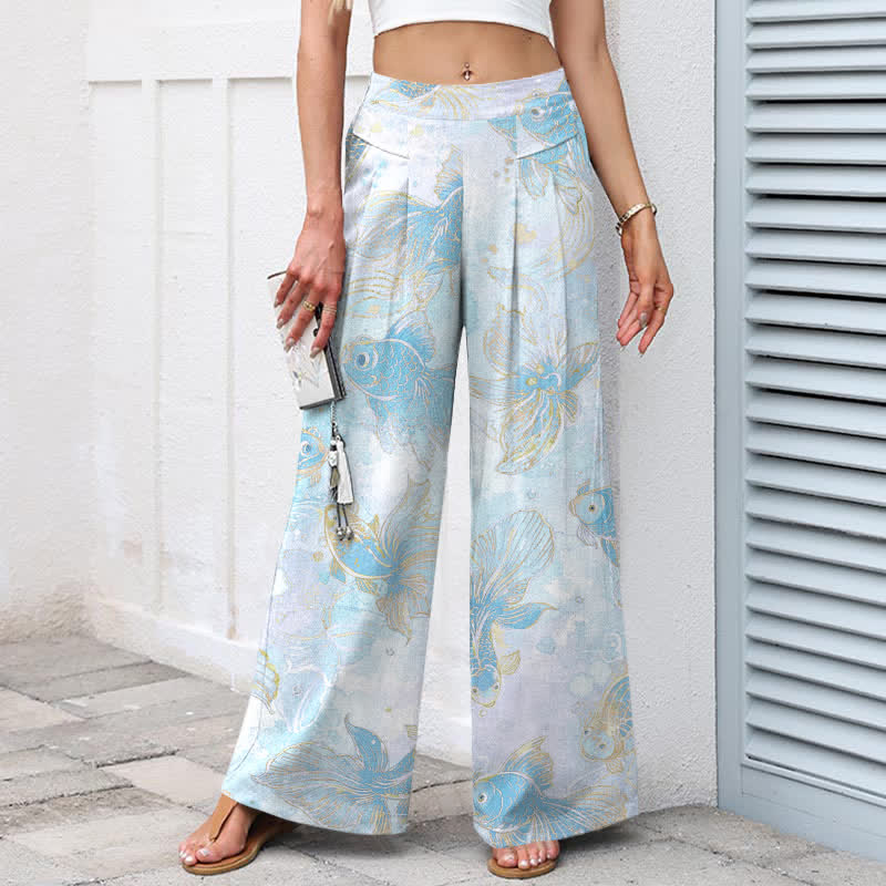Buddha Stones Pantalones de mujer de algodón y lino con estampado floral de peces koi, cintura elástica y pernera ancha con bolsillos. - image 9