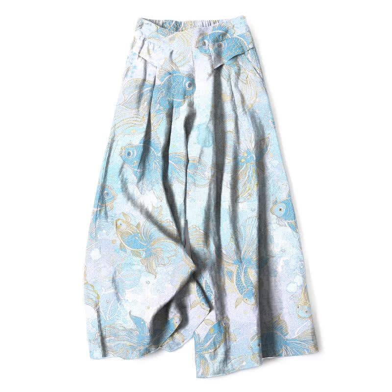 Buddha Stones Pantalones de mujer de algodón y lino con estampado floral de peces koi, cintura elástica y pernera ancha con bolsillos. - Turquesa pálido - US16，UK/AU20，EU48 (3XL) - image 8
