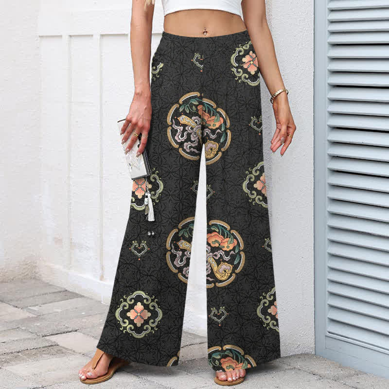 Buddha Stones Pantalones de mujer de algodón y lino con estampado bohemio de medallones, cintura elástica y pernera ancha con bolsillos. - image 1