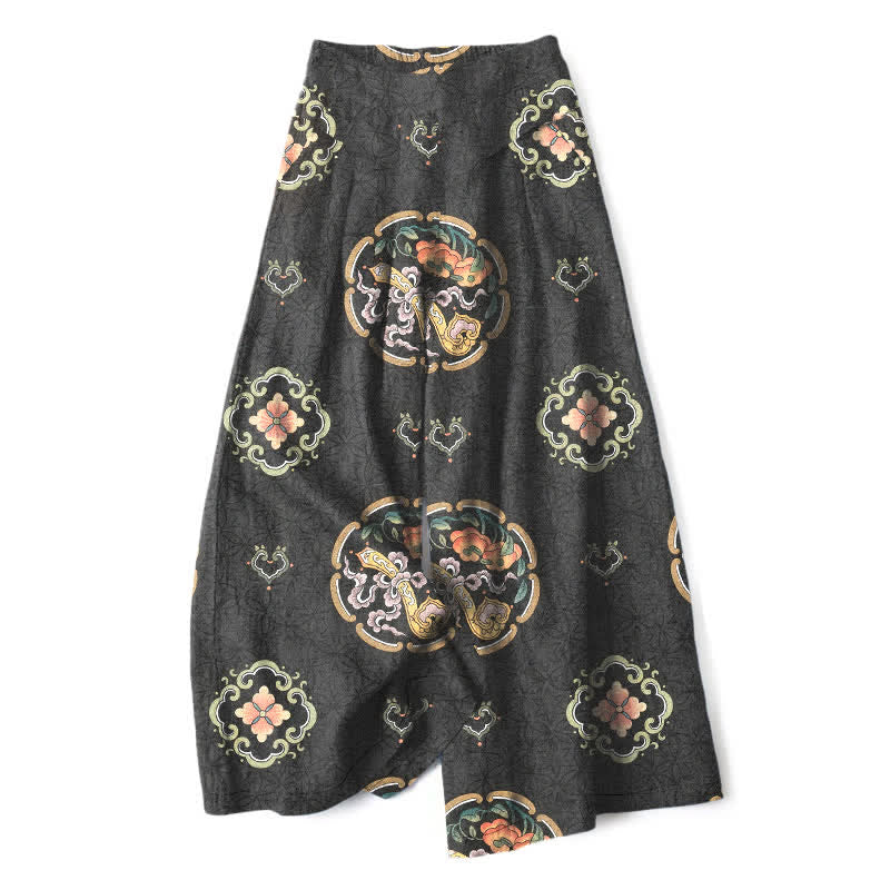 Buddha Stones Pantalones de mujer de algodón y lino con estampado bohemio de medallones, cintura elástica y pernera ancha con bolsillos. - Negro - US16，UK/AU20，EU48 (3XL) - image 0