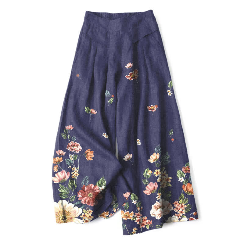 Buddha Stones Pantalones de mujer de algodón y lino con estampado floral bohemio, cintura elástica y pernera ancha con bolsillos. - Marina de guerra - US16，UK/AU20，EU48 (3XL) - image 8