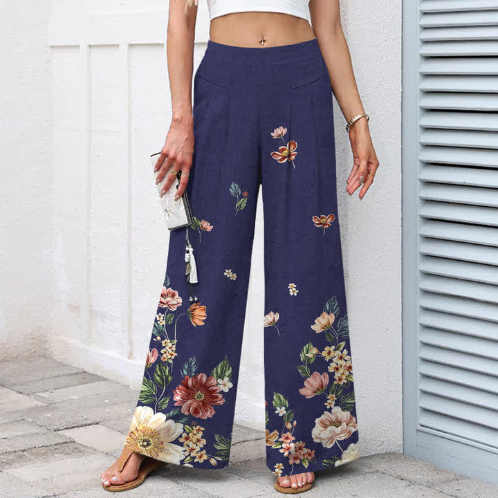 Buddha Stones Pantalones de mujer de algodón y lino con estampado floral bohemio, cintura elástica y pernera ancha con bolsillos. - image 9