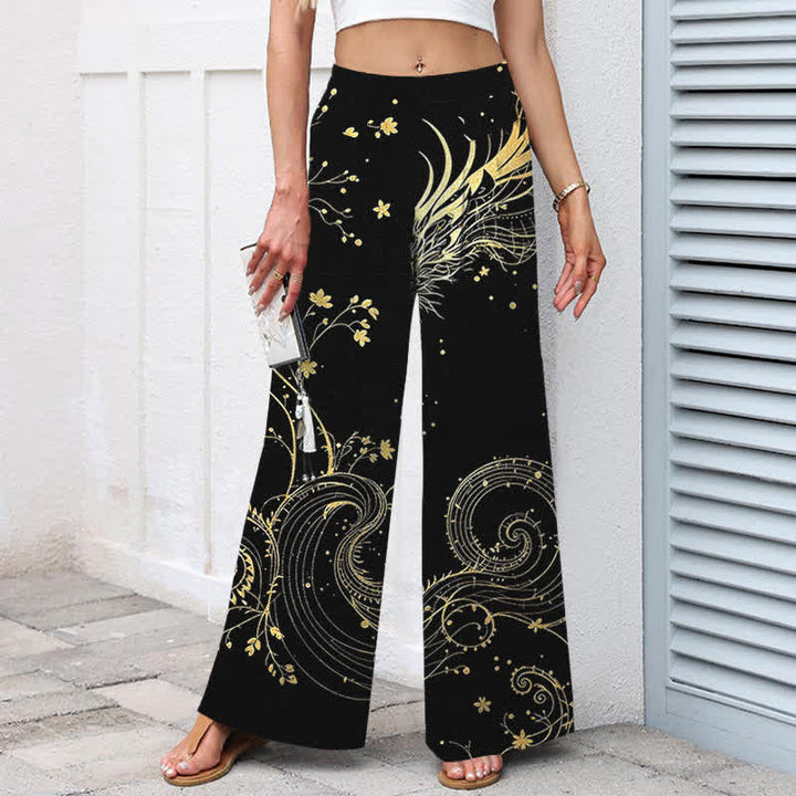 Buddha Stones Pantalones de mujer de algodón y lino con estampado de olas de dragón, cintura elástica y pernera ancha con bolsillos. - image 1