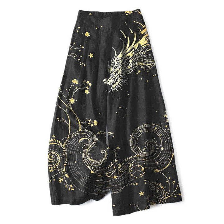 Buddha Stones Pantalones de mujer de algodón y lino con estampado de olas de dragón, cintura elástica y pernera ancha con bolsillos. - Negro - US16，UK/AU20，EU48 (3XL) - image 0