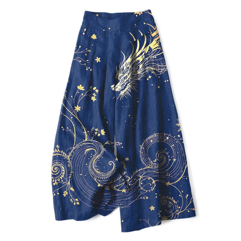 Buddha Stones Pantalones de mujer de algodón y lino con estampado de olas de dragón, cintura elástica y pernera ancha con bolsillos. - Marina de guerra - US16，UK/AU20，EU48 (3XL) - image 8