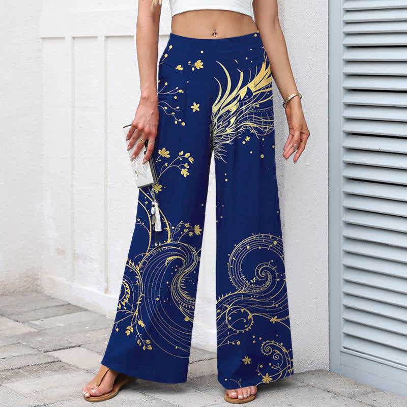Buddha Stones Pantalones de mujer de algodón y lino con estampado de olas de dragón, cintura elástica y pernera ancha con bolsillos. - image 9