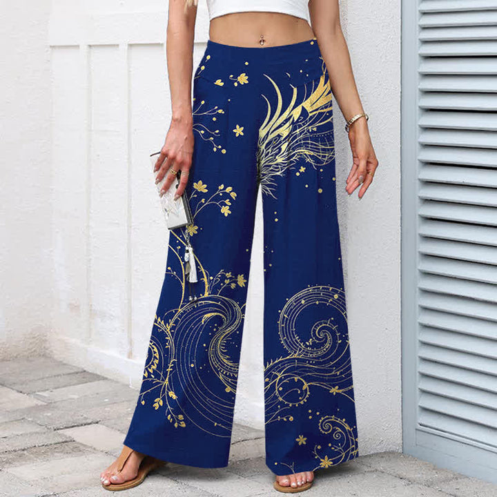 Buddha Stones Pantalones de mujer de algodón y lino con estampado de olas de dragón, cintura elástica y pernera ancha con bolsillos. - image 9