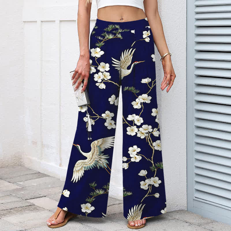 Buddha Stones Pantalones de mujer de lino y algodón con estampado floral de grullas, cintura elástica y pernera ancha con bolsillos. - image 1