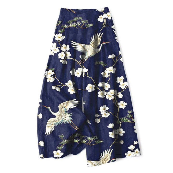 Buddha Stones Pantalones de mujer de lino y algodón con estampado floral de grullas, cintura elástica y pernera ancha con bolsillos. - Marina de guerra - US16，UK/AU20，EU48 (3XL) - image 0