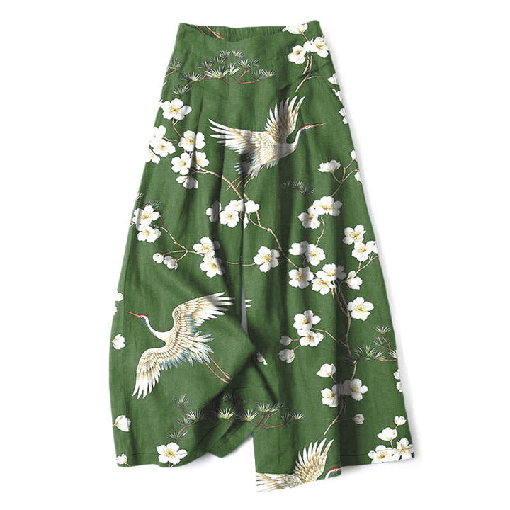 Buddha Stones Pantalones de mujer de lino y algodón con estampado floral de grullas, cintura elástica y pernera ancha con bolsillos. - Verde bosque - US16，UK/AU20，EU48 (3XL) - image 4