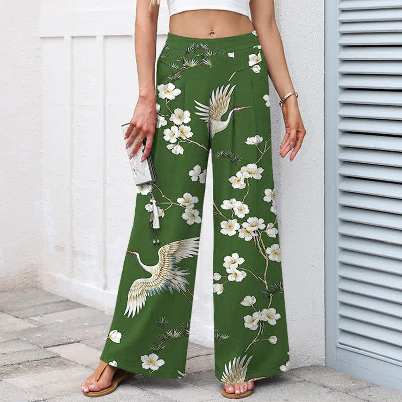 Buddha Stones Pantalones de mujer de lino y algodón con estampado floral de grullas, cintura elástica y pernera ancha con bolsillos. - image 5