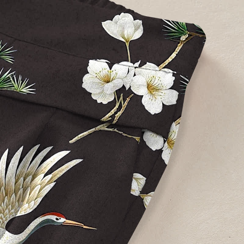 Buddha Stones Pantalones de mujer de lino y algodón con estampado floral de grullas, cintura elástica y pernera ancha con bolsillos. - image 10