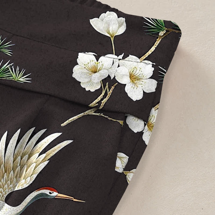 Buddha Stones Pantalones de mujer de lino y algodón con estampado floral de grullas, cintura elástica y pernera ancha con bolsillos. - image 10