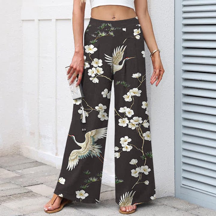 Buddha Stones Pantalones de mujer de lino y algodón con estampado floral de grullas, cintura elástica y pernera ancha con bolsillos. - image 9