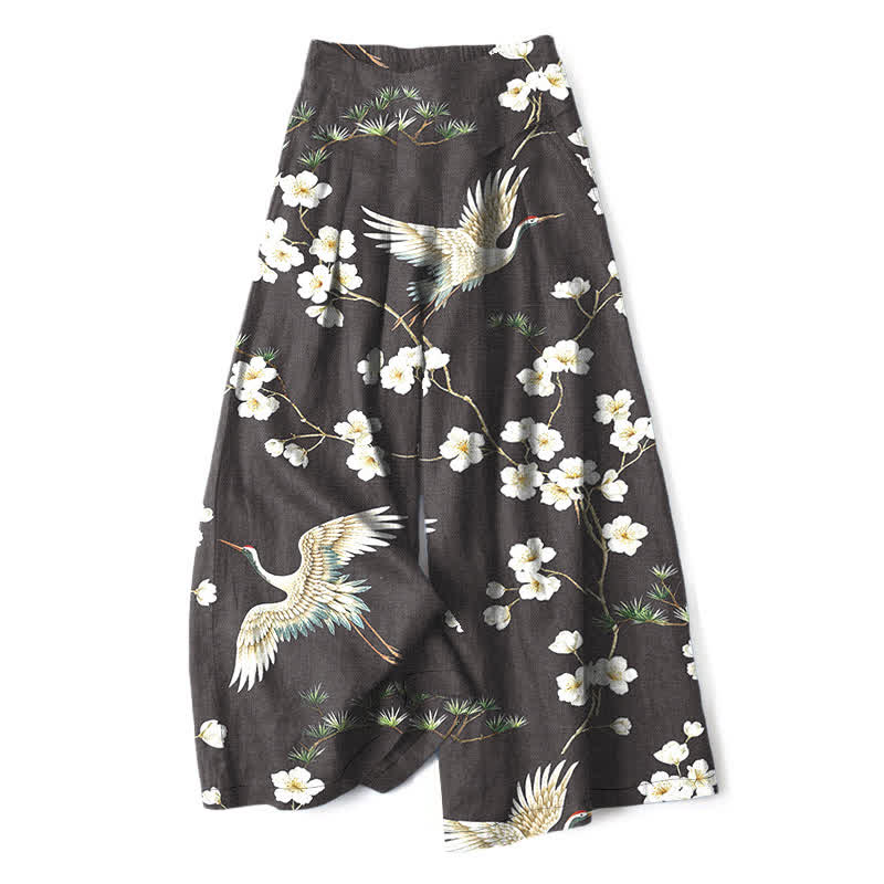 Buddha Stones Pantalones de mujer de lino y algodón con estampado floral de grullas, cintura elástica y pernera ancha con bolsillos. - Negro - US16，UK/AU20，EU48 (3XL) - image 8