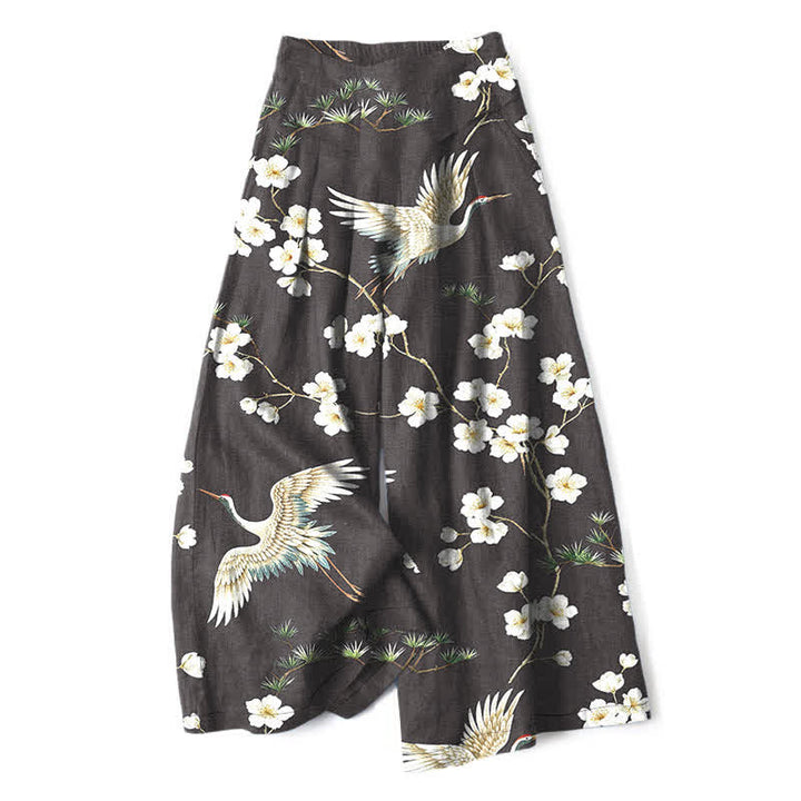 Buddha Stones Pantalones de mujer de lino y algodón con estampado floral de grullas, cintura elástica y pernera ancha con bolsillos. - Negro - US16，UK/AU20，EU48 (3XL) - image 8
