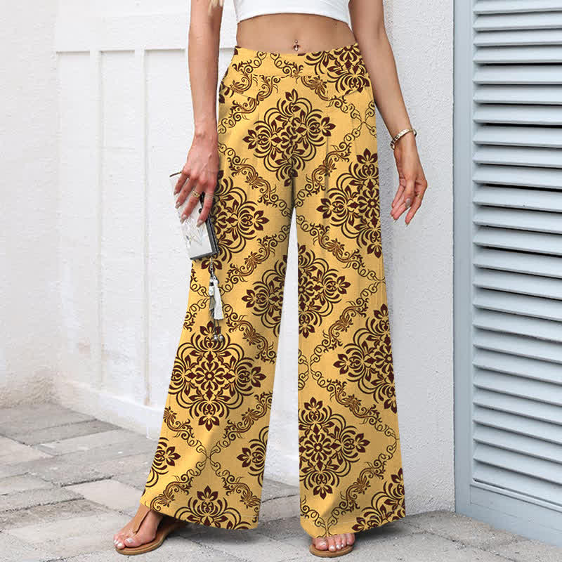 Buddha Stones Pantalones de mujer de algodón y lino con estampado floral barroco, cintura elástica y pernera ancha con bolsillos. - image 1