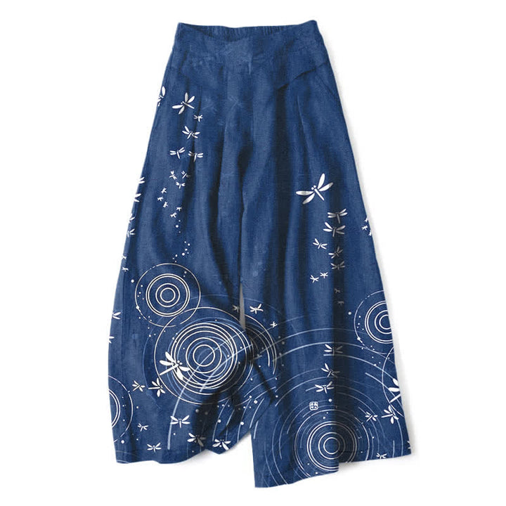Buddha Stones Pantalones de mujer de algodón y lino con estampado de libélulas y ondas, cintura elástica, pernera ancha y bolsillos. - Marina de guerra - US16，UK/AU20，EU48 (3XL) - image 0