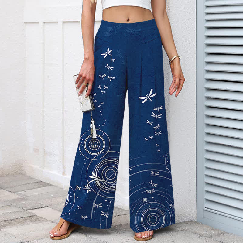 Buddha Stones Pantalones de mujer de algodón y lino con estampado de libélulas y ondas, cintura elástica, pernera ancha y bolsillos. - image 1