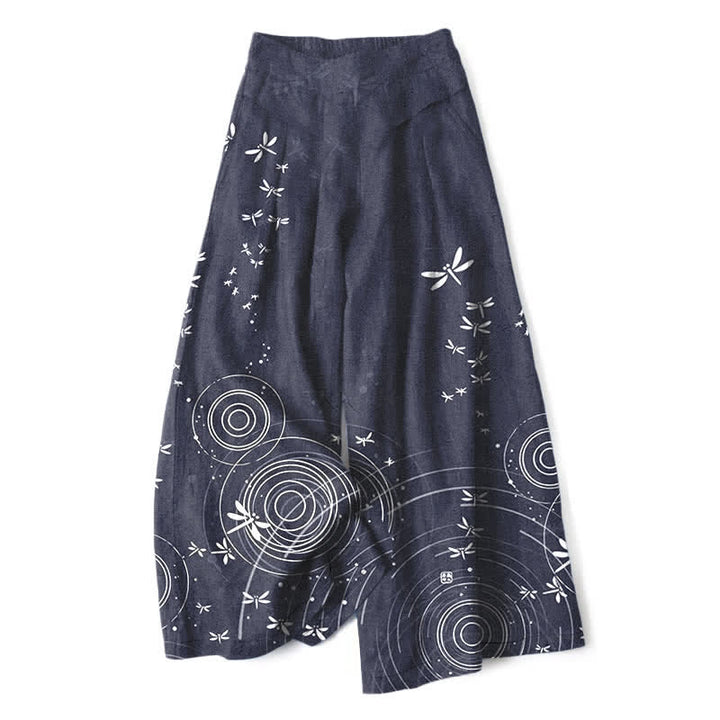 Buddha Stones Pantalones de mujer de algodón y lino con estampado de libélulas y ondas, cintura elástica, pernera ancha y bolsillos. - Gris pizarra - US16，UK/AU20，EU48 (3XL) - image 8