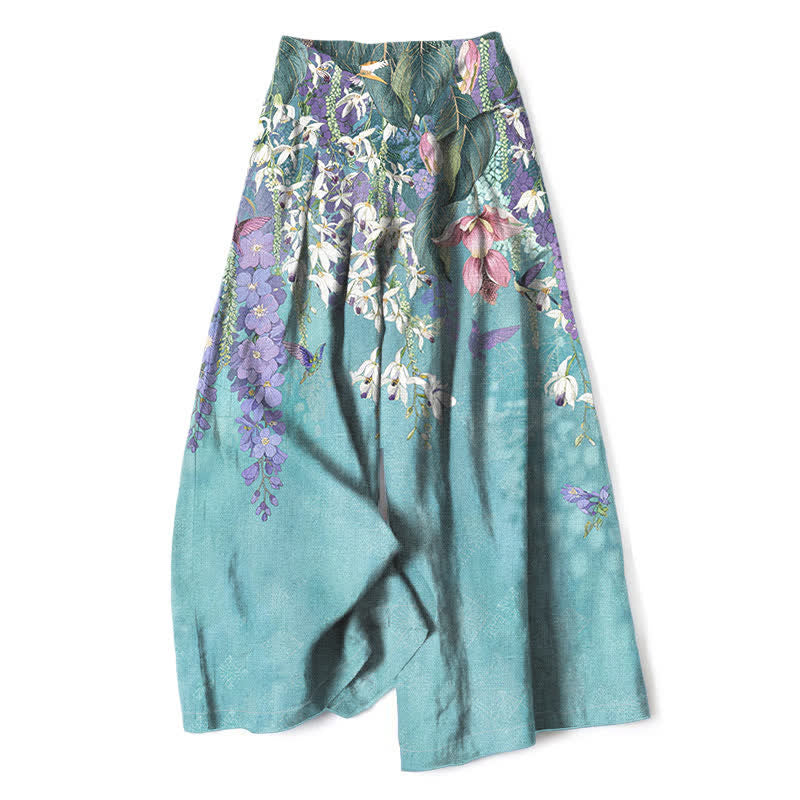 Buddha Stones Pantalones de mujer de algodón y lino con estampado floral bohemio, cintura elástica y pernera ancha con bolsillos. - Turquesa - US16，UK/AU20，EU48 (3XL) - image 0
