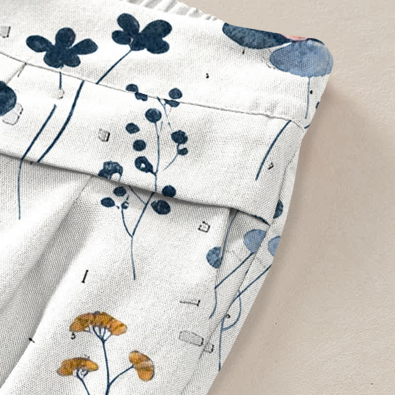Buddha Stones Pantalones de mujer de algodón y lino con estampado floral, cintura elástica y pernera ancha con bolsillos. - image 1