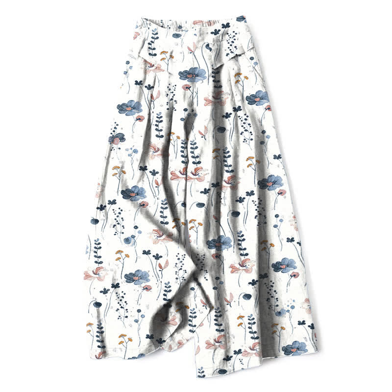 Buddha Stones Pantalones de mujer de algodón y lino con estampado floral, cintura elástica y pernera ancha con bolsillos. - Blanco - US16，UK/AU20，EU48 (3XL) - image 0