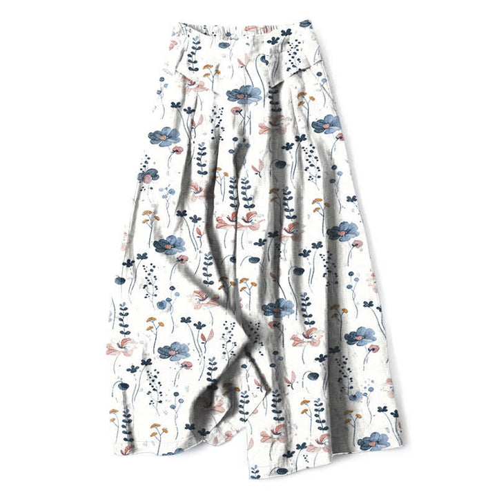 Buddha Stones Pantalones de mujer de algodón y lino con estampado floral, cintura elástica y pernera ancha con bolsillos. - Blanco - US16，UK/AU20，EU48 (3XL) - image 0