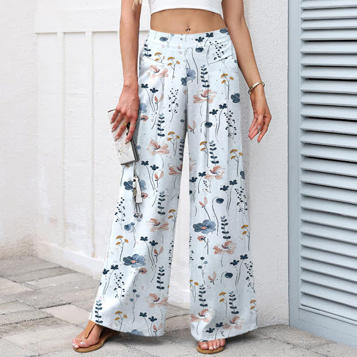 Buddha Stones Pantalones de mujer de algodón y lino con estampado floral, cintura elástica y pernera ancha con bolsillos. - image 9