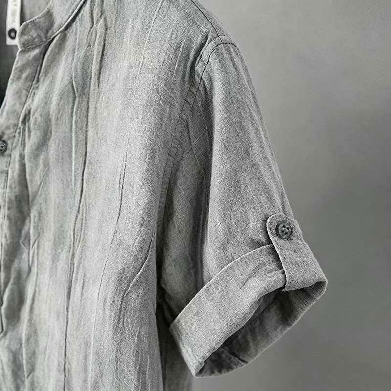 Buddha Stones Color sólido manga corta medio botón camisa lino y algodón hombres ropa - image 35