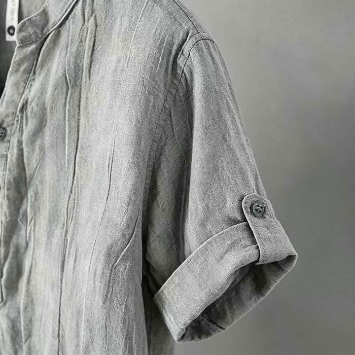 Buddha Stones Color sólido manga corta medio botón camisa lino y algodón hombres ropa - image 35
