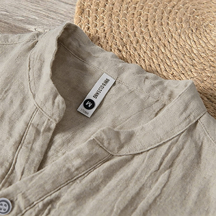Buddha Stones Color sólido manga corta medio botón camisa lino y algodón hombres ropa - image 47
