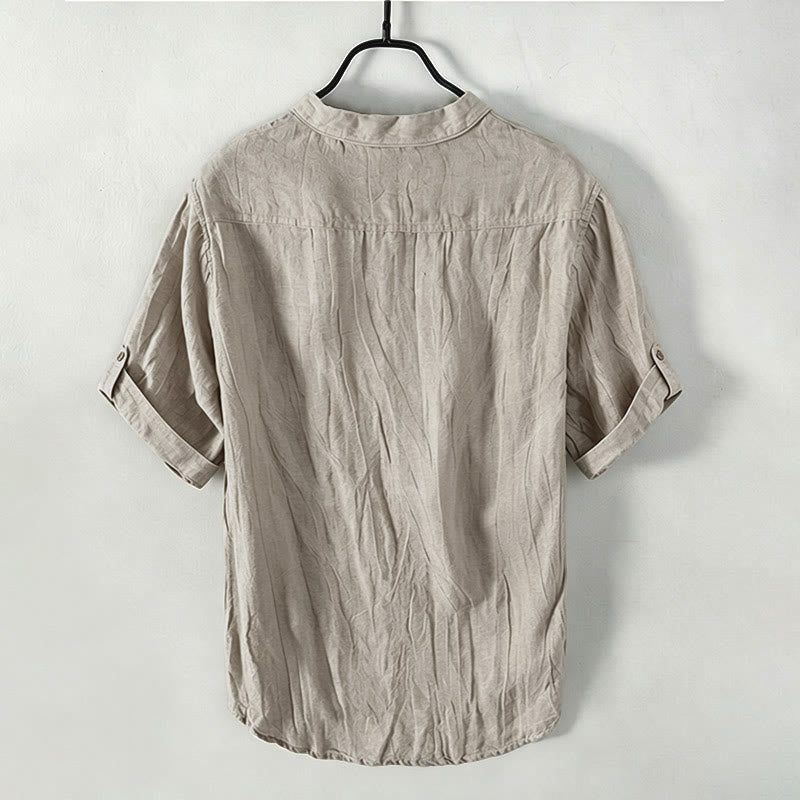 Buddha Stones Color sólido manga corta medio botón camisa lino y algodón hombres ropa - image 46